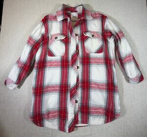 Aerie Womens Large Red White Heavyweight Long Sleeve Button Front Shacket Jacket